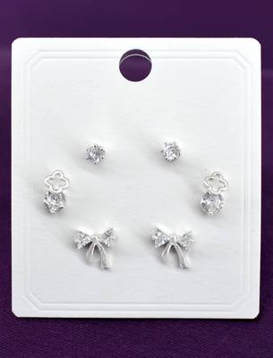 modern bow design cz brass silver plated set of 3 combo stud earring for women and girls 3