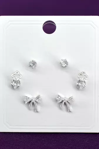 modern bow design cz brass silver plated set of 3 combo stud earring for women and girls