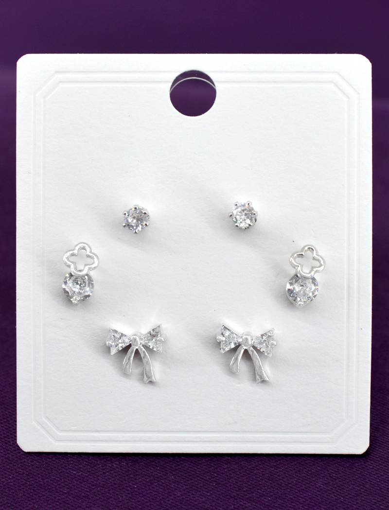 modern bow design cz brass silver plated set of 3 combo stud earring for women and girls