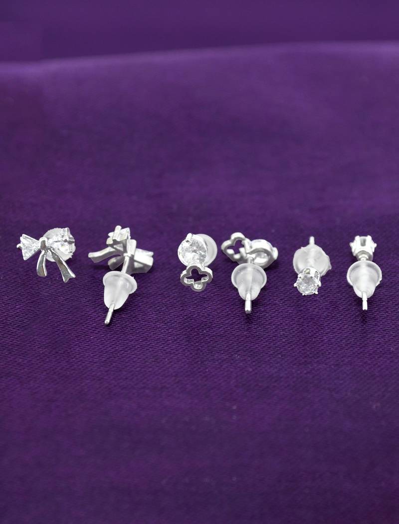 modern bow design cz brass silver plated set of 3 combo stud earring for women and girls
