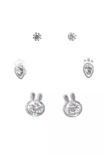 pretty carrot and rabit shape cz brass silver plated set of 3 combo stud earring for women and girls