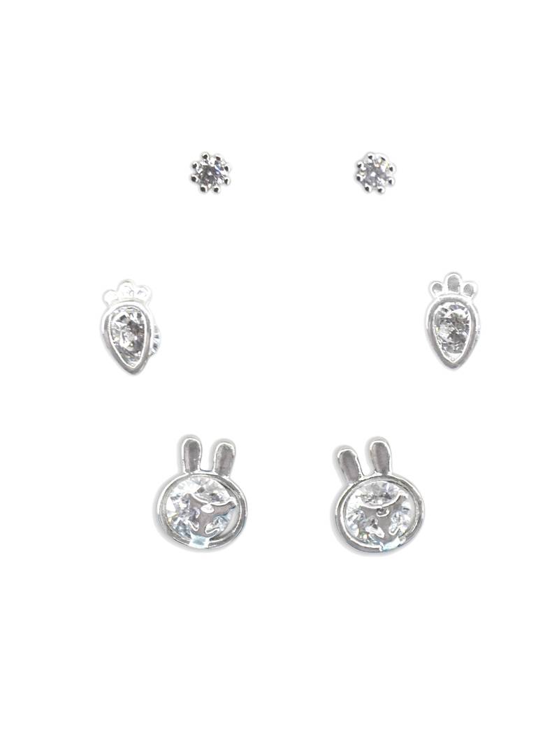 pretty carrot and rabit shape cz brass silver plated set of 3 combo stud earring for women and girls