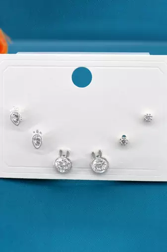 pretty carrot and rabit shape cz brass silver plated set of 3 combo stud earring for women and girls