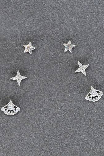 classy star design brass silver plated set of 3 combo stud earring for women and girls