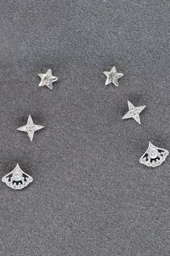 classy star design brass silver plated set of 3 combo stud earring for women and girls