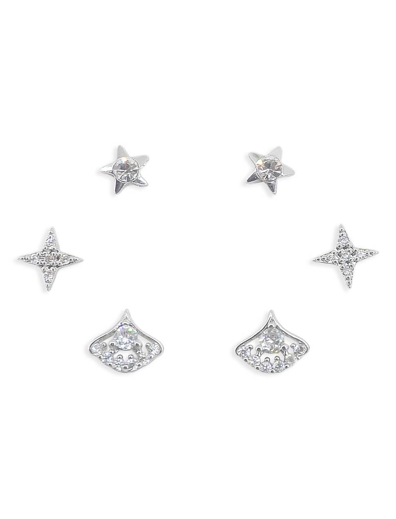 classy star design brass silver plated set of 3 combo stud earring for women and girls
