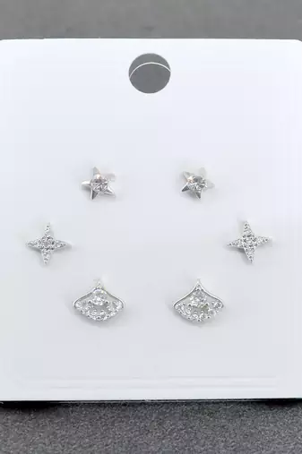 classy star design brass silver plated set of 3 combo stud earring for women and girls