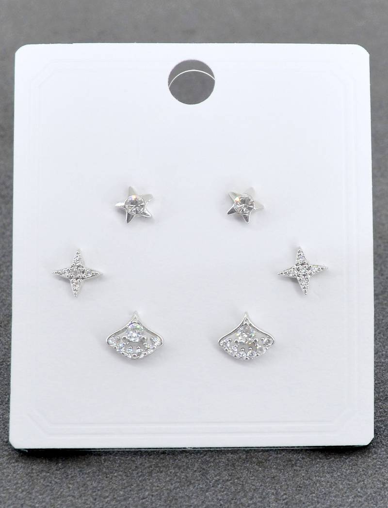 classy star design brass silver plated set of 3 combo stud earring for women and girls