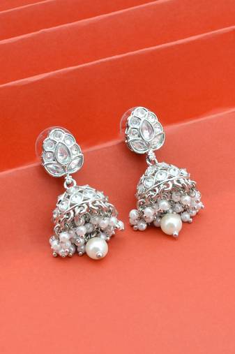stylish leaf design pearl kundan brass silver plated jhumki earring for women and girls