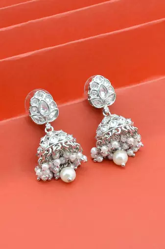 stylish leaf design pearl kundan brass silver plated jhumki earring for women and girls