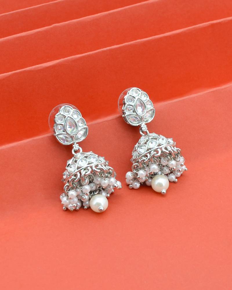 stylish leaf design pearl kundan brass silver plated jhumki earring for women and girls