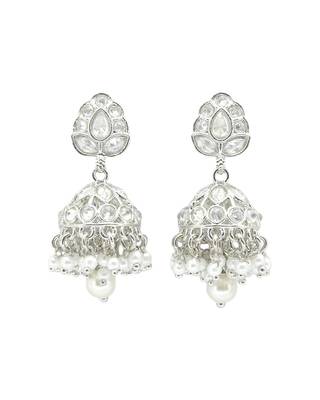 stylish leaf design pearl kundan brass silver plated jhumki earring for women and girls 2