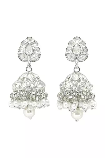 stylish leaf design pearl kundan brass silver plated jhumki earring for women and girls