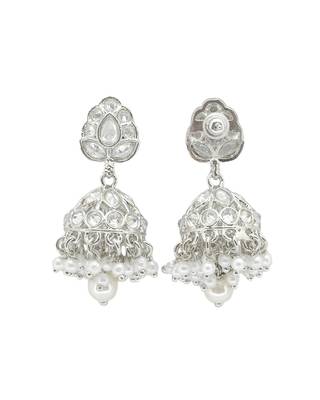 stylish leaf design pearl kundan brass silver plated jhumki earring for women and girls 3