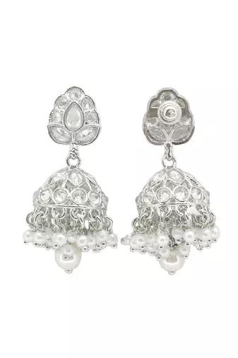 stylish leaf design pearl kundan brass silver plated jhumki earring for women and girls