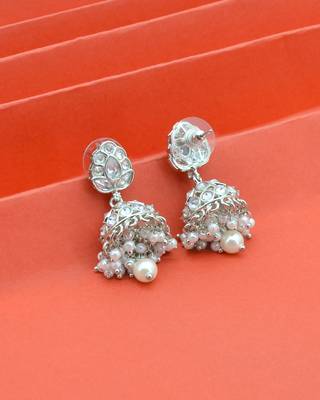stylish leaf design pearl kundan brass silver plated jhumki earring for women and girls 4