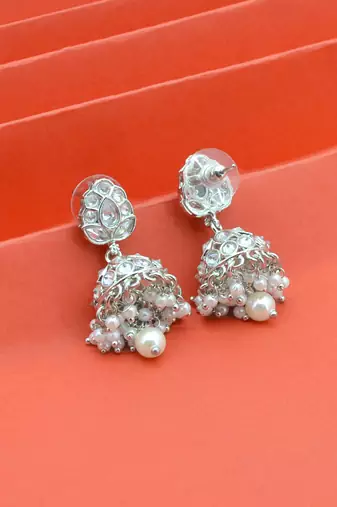 stylish leaf design pearl kundan brass silver plated jhumki earring for women and girls