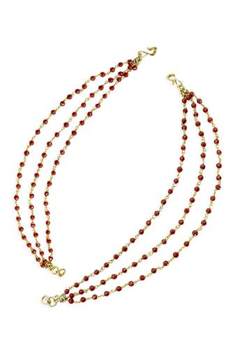 attractive maroon bead 3 string brass gold plated kaan chain for women and girls