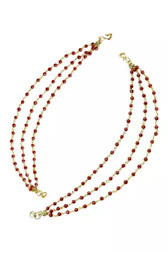 attractive maroon bead 3 string brass gold plated kaan chain for women and girls