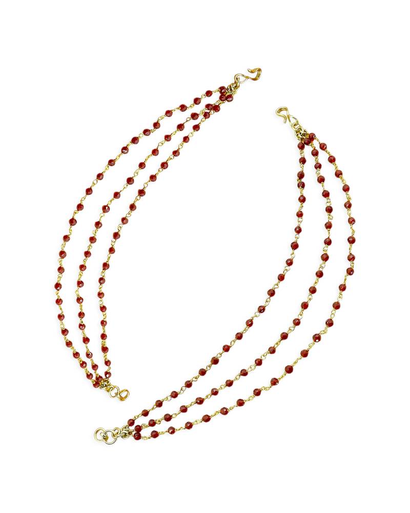 attractive maroon bead 3 string brass gold plated kaan chain for women and girls