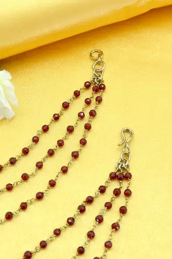 attractive maroon bead 3 string brass gold plated kaan chain for women and girls