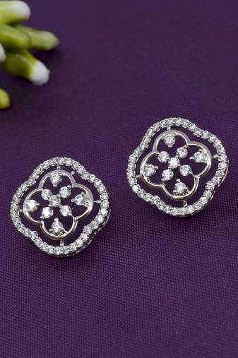 modish round shape cz studded brass silver plated stud earring for women and girls