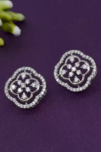 modish round shape cz studded brass silver plated stud earring for women and girls