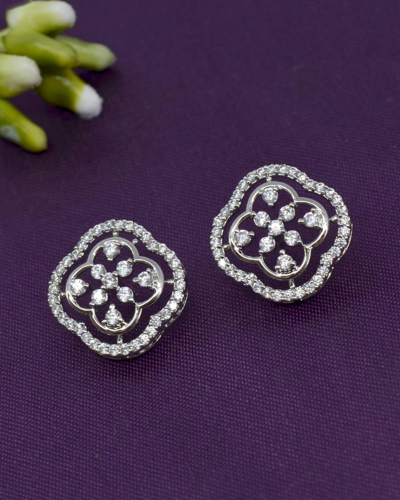 modish round shape cz studded brass silver plated stud earring for women and girls