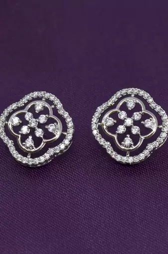 modish round shape cz studded brass silver plated stud earring for women and girls