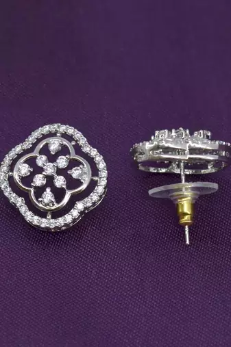 modish round shape cz studded brass silver plated stud earring for women and girls