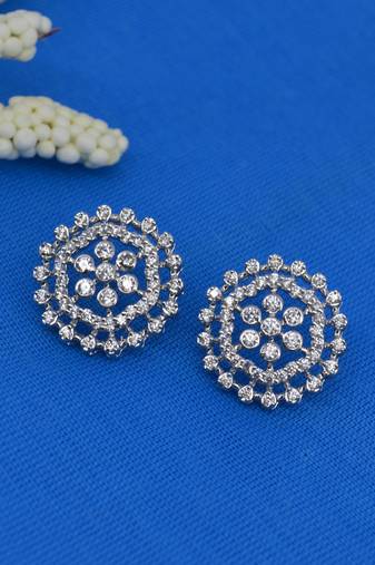 pretty round shape cz studded brass silver plated stud earring for women and girls