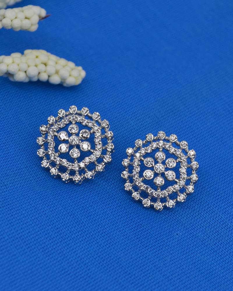 pretty round shape cz studded brass silver plated stud earring for women and girls