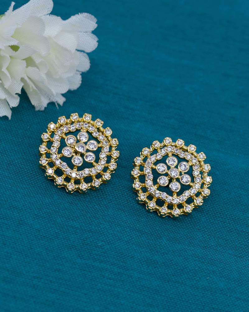 smooth round shape cz studded brass gold plated stud earring for women and girls