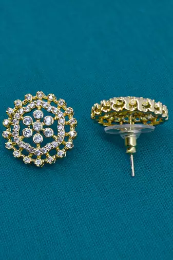 smooth round shape cz studded brass gold plated stud earring for women and girls