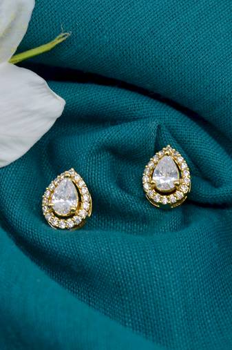 trendy oval shape cz studded brass gold plated stud earring for women and girls