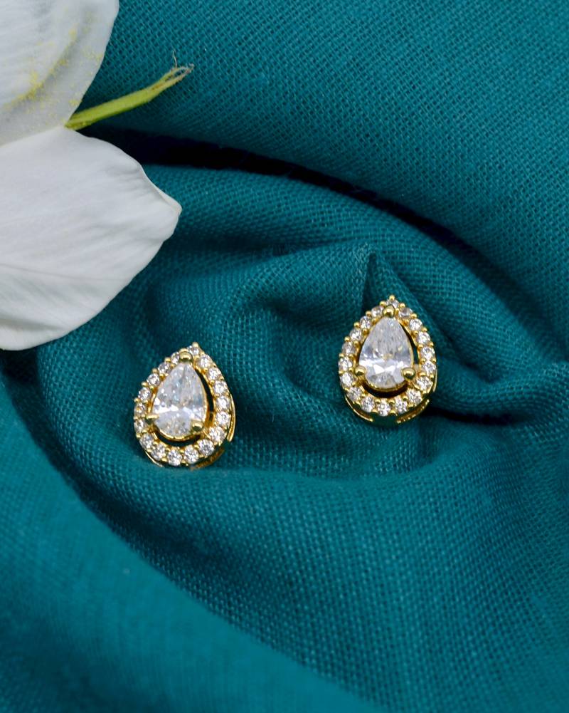 trendy oval shape cz studded brass gold plated stud earring for women and girls