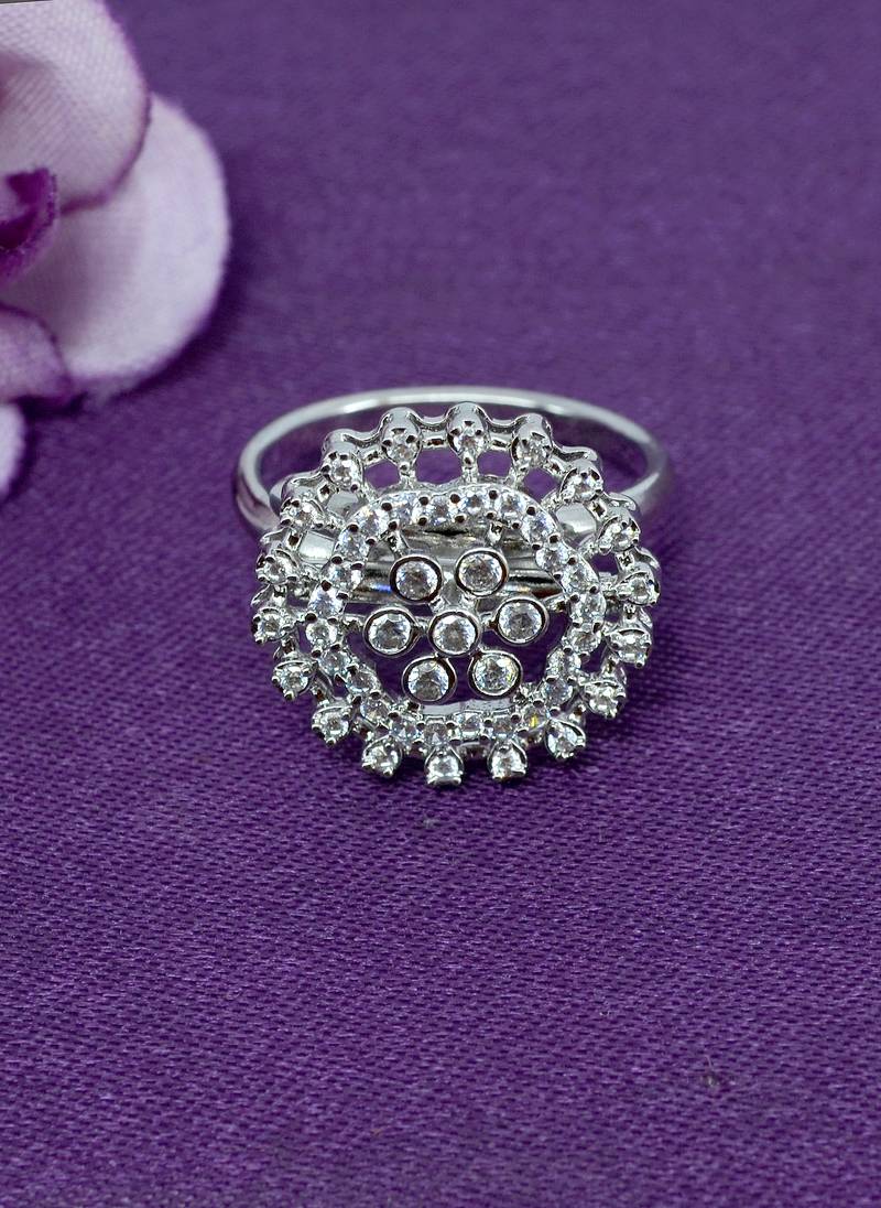 designer flower design brass kundan silver plated adjustable finger ring for women and girls