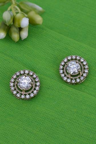modern round shape cz studded brass antique gold plated stud earring for women and girls