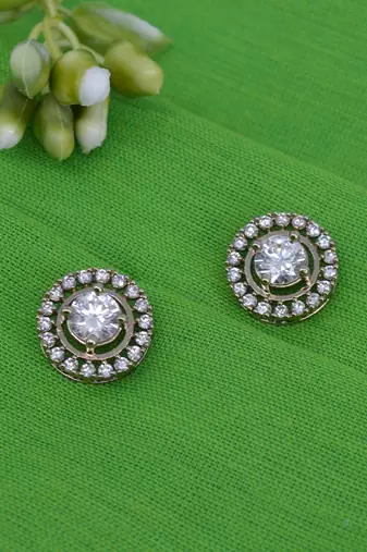 modern round shape cz studded brass antique gold plated stud earring for women and girls