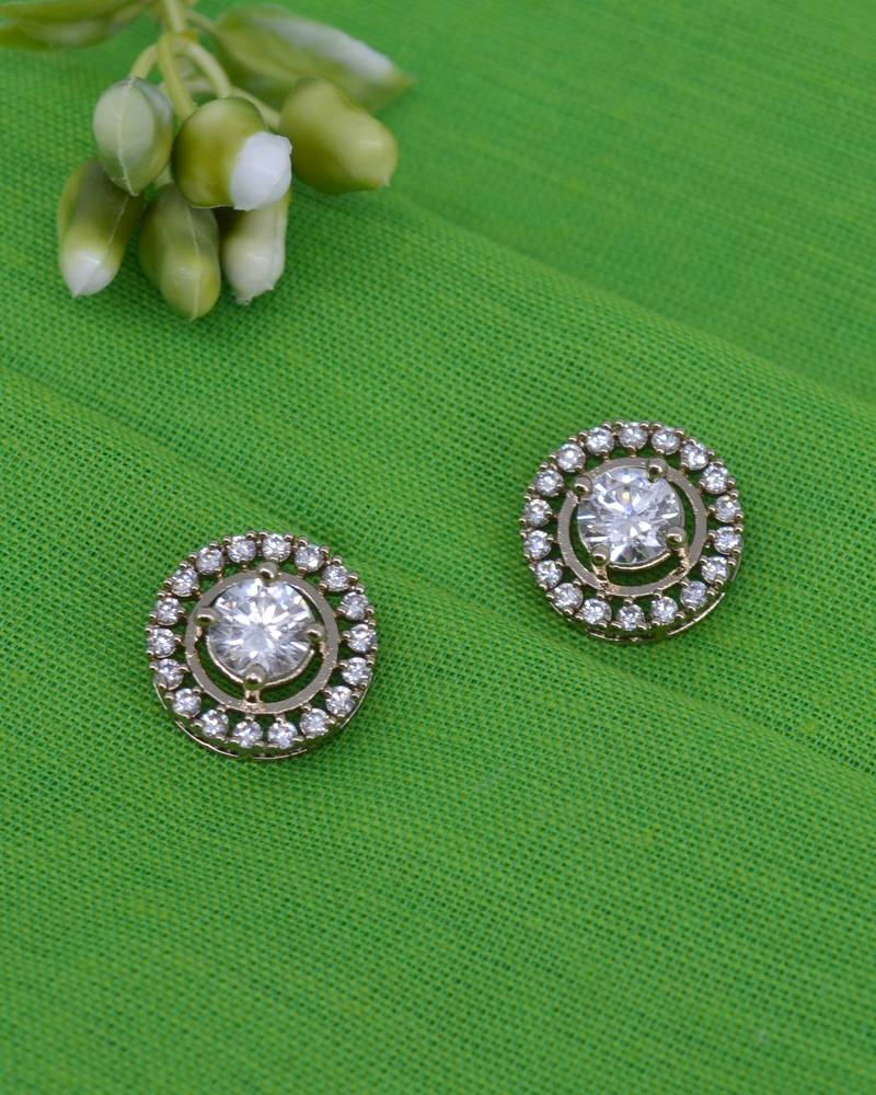 modern round shape cz studded brass antique gold plated stud earring for women and girls