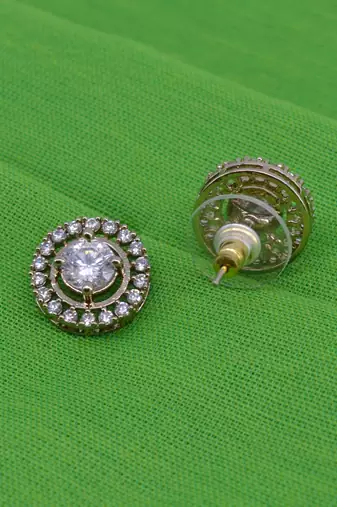 modern round shape cz studded brass antique gold plated stud earring for women and girls