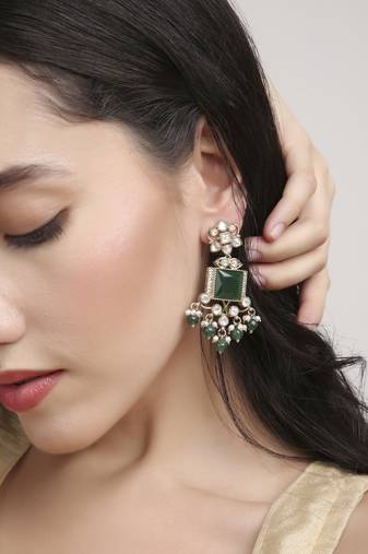 glorious square shape brass kundan antique gold plated dangle earring for women and girls
