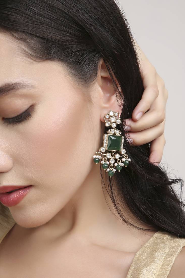 glorious square shape brass kundan antique gold plated dangle earring for women and girls