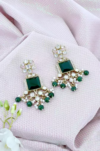 glorious square shape brass kundan antique gold plated dangle earring for women and girls