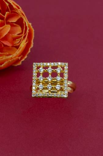 ethnic square shape brass kundan gold plated adjustable finger ring for women and girls