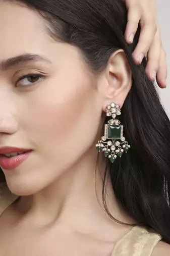 glorious square shape brass kundan antique gold plated dangle earring for women and girls
