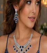 regal sapphire blue crystal necklace set | chandelier earrings, bridal wedding jewellery