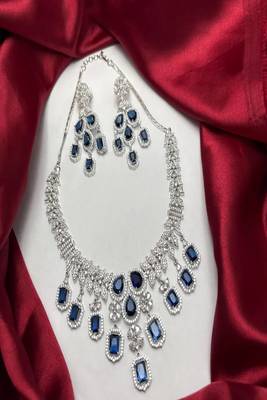regal sapphire blue crystal necklace set | chandelier earrings, bridal wedding jewellery 2