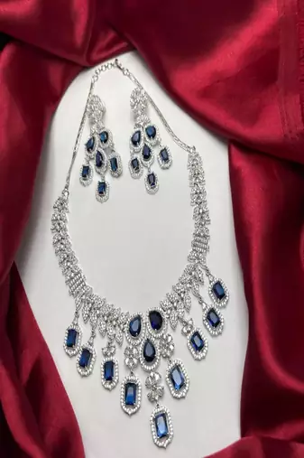 regal sapphire blue crystal necklace set | chandelier earrings, bridal wedding jewellery