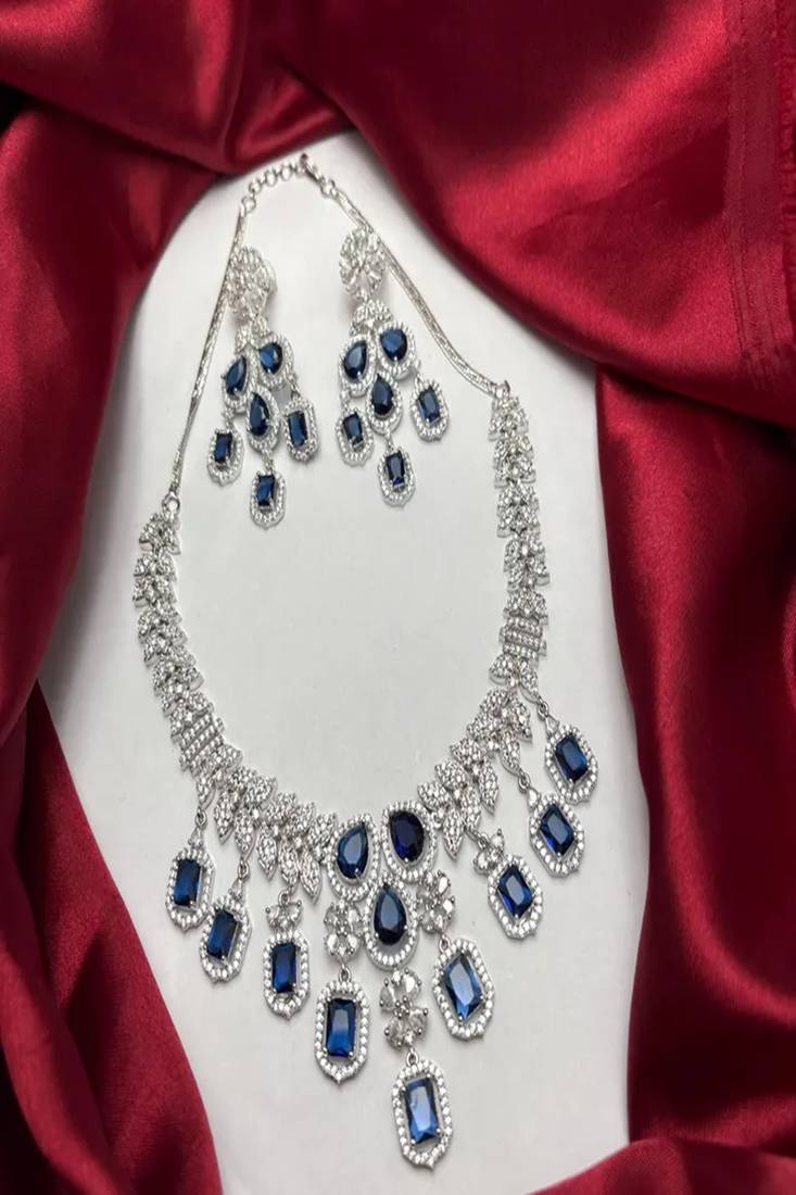 regal sapphire blue crystal necklace set | chandelier earrings, bridal wedding jewellery